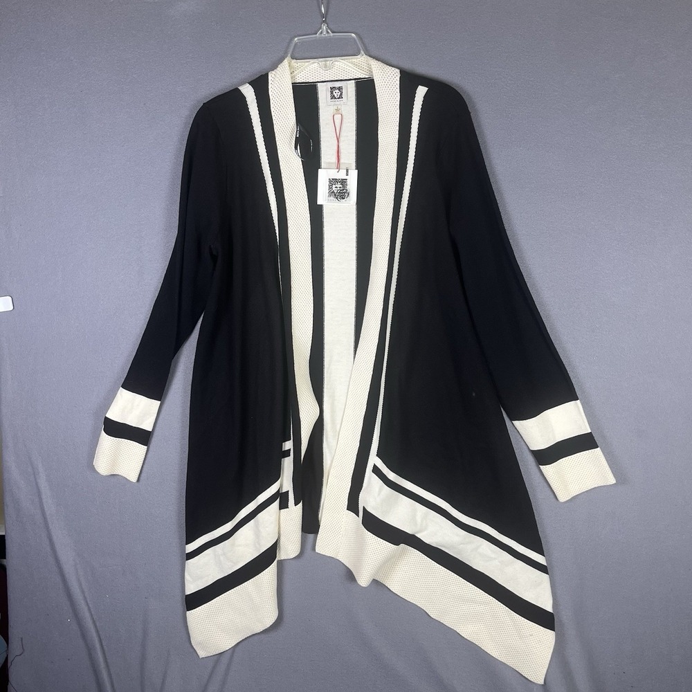 NWT ANNE KLEIN‎ Women Small  Black White Striped Open Front Cardigan Sweater